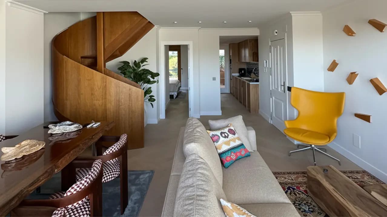 Living room with spiral staircase, Marbella Golden Mile residence